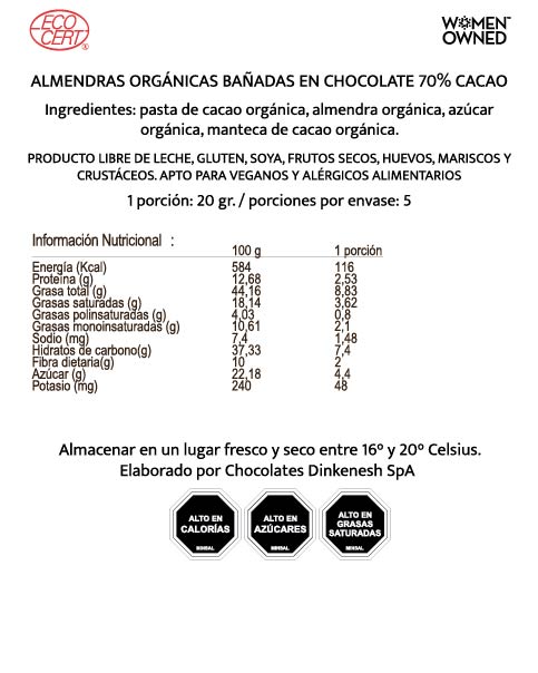 Almendras bañadas 70% cacao (75 gr)