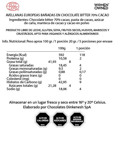 Avellanas bañadas 70% cacao