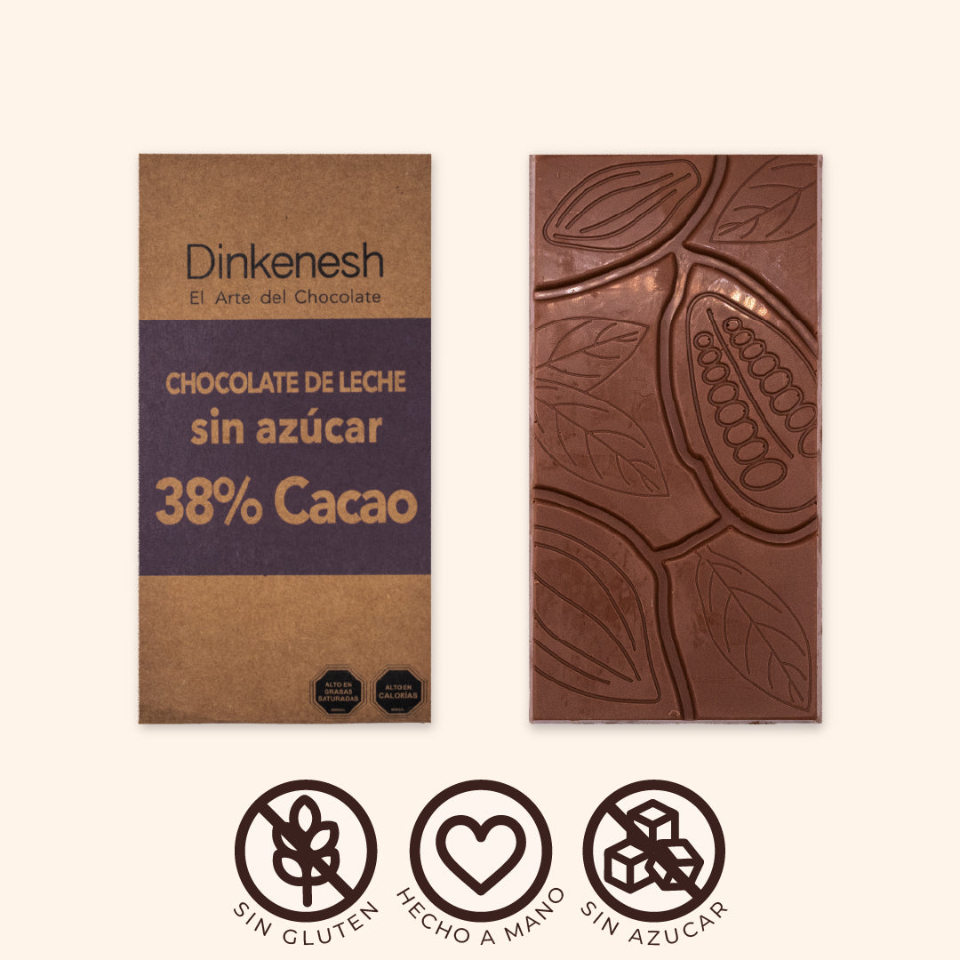 Tableta Chocolate de Leche 38% cacao Sin Azúcar 90gr