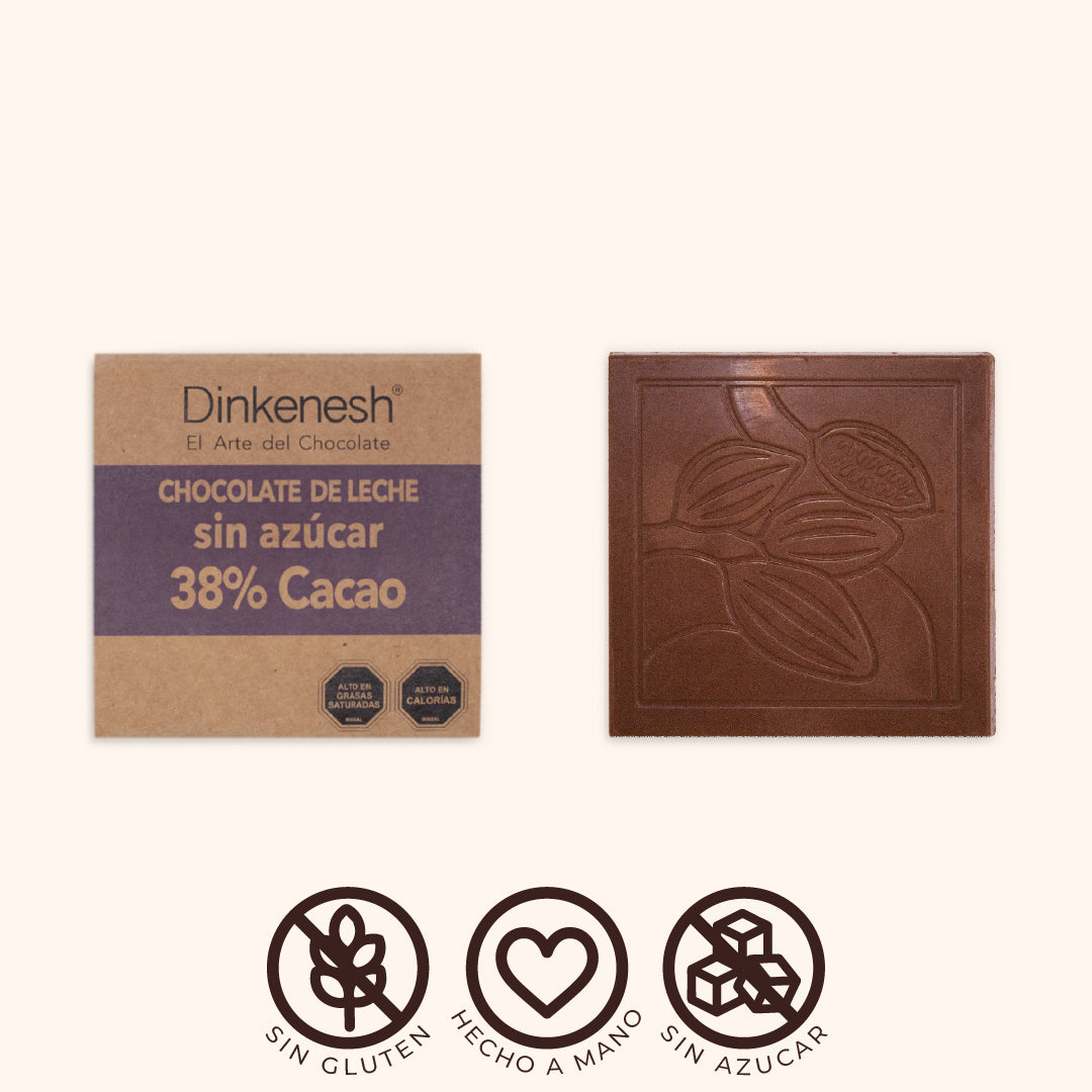 Tableta de Chocolate de Leche 38% cacao Sin Azúcar 30gr